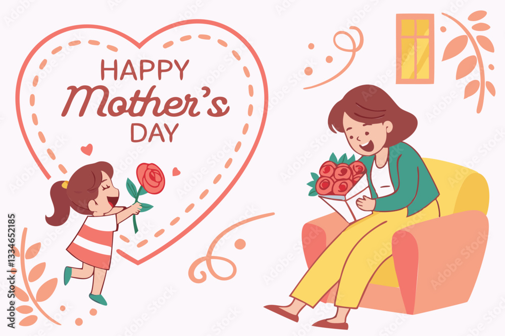 Obraz premium A heartwarming Mother's Day graphic featuring a young girl presenting a single rose to her smiling mother, who sits on a couch holding a bouquet of roses