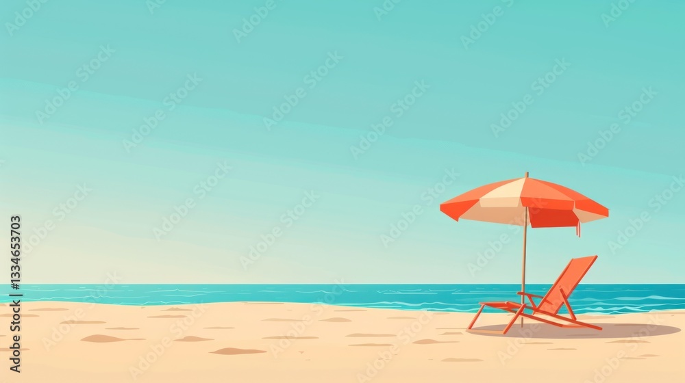 Serene Beach Scene with Umbrella and Chair in Minimalist Illustration Style Serene Beach Scene with Umbrella and Chair in Minimalist Illustration Style