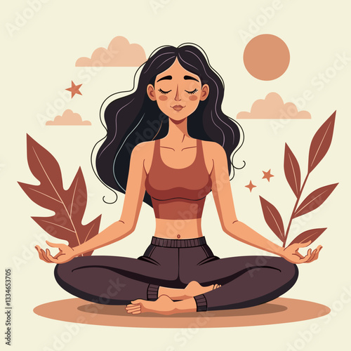 Peaceful woman meditating in lotus position with foliage, inner peace