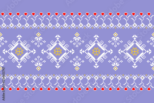 Traditional Ukrainian seamless cross-stitch pattern with white, yellow, red floral geometric patterns on pastel blue background. Pixelated vector illustration. Textile print design. Sweater sewing.