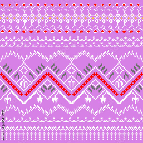 Traditional Ukrainian seamless cross-stitch pattern with white, yellow, red floral geometric patterns on pastel purple background. Pixelated vector illustration. Textile print design. Sweater sewing.