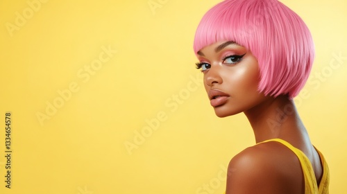 Beautiful woman with pink hair looks over her left shoulder