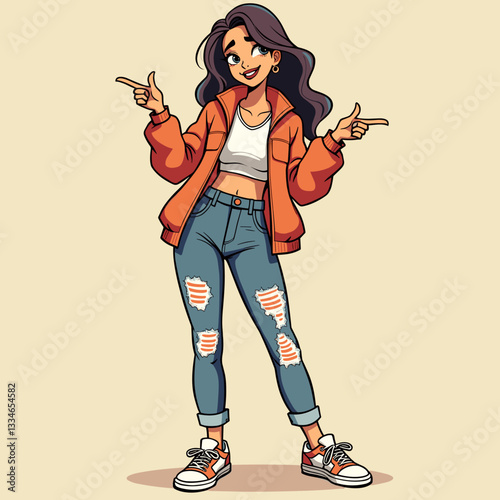 Mischievous young woman gesturing playfully in trendy streetwear, fun