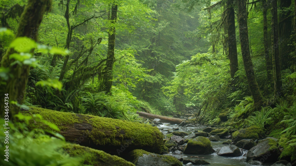 Fototapeta premium Tranquil Rainforest Stream with Mossy Log