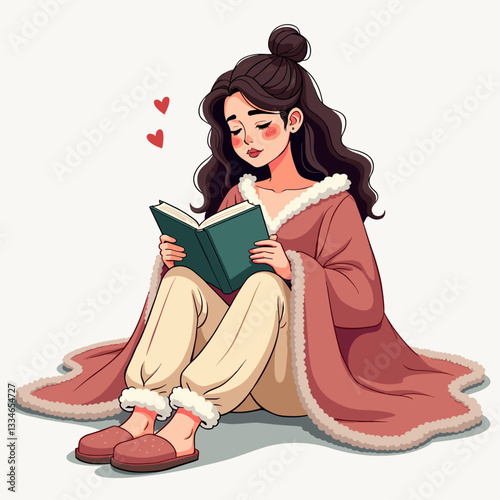 Cozy woman reading book in fluffy pajamas, warmth and comfort