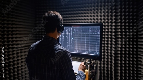 Producer crafting soundscapes in the studio using digital audio workstation