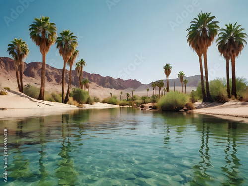 Oasis of Serenity: a serene oasis in a desert landscape, where lush palm trees and clear waters meet under a bright blue sky.