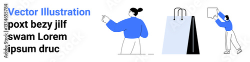 Woman gesturing, large shopping bag, individual attaching note. Ideal for marketing, retail, e-commerce, shopping, communication, teamwork educational content simple landing page