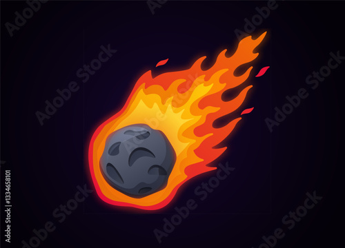 Bright meteor with a fiery orange trail traveling fast through space on dark backdrop.
