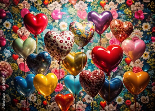 Silhouette of Colorful Heart Balloons Against Floral Background for Festive Celebrations
