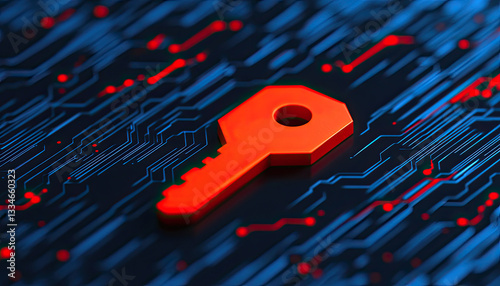 A vivid orange key sits against a backdrop of dark blue digital patterns, symbolizing security and access in a technology-driven world.