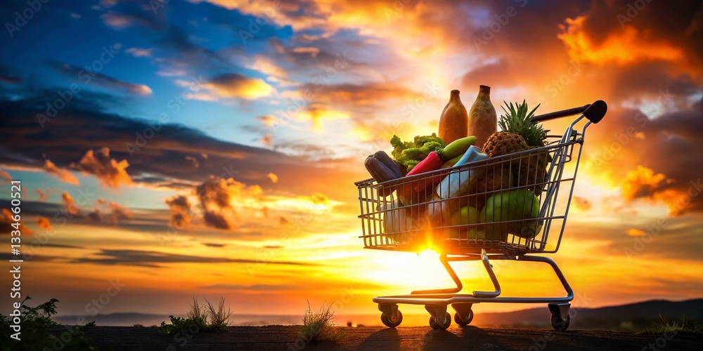Silhouette of Full Shopping Cart with Groceries at Sunset