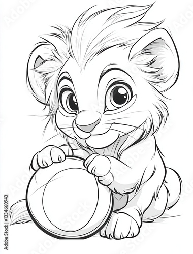 Cute cartoon lion cub playing with a ball. Perfect for coloring pages and children's books.