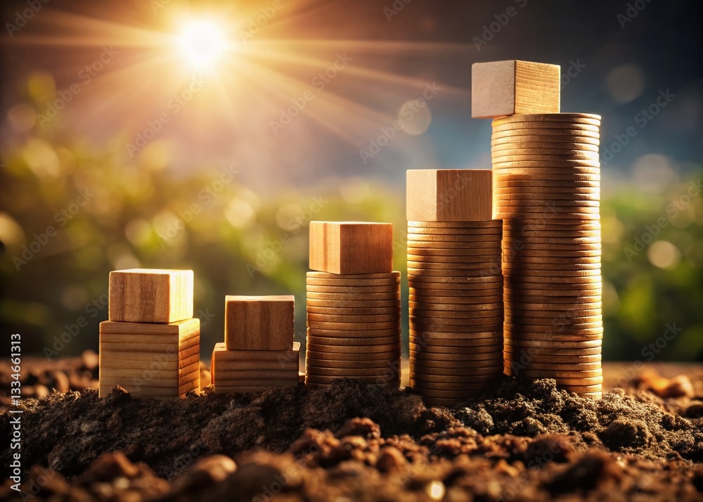 Silhouette of Rising Costs: Wooden Blocks & Coins on Soil - High Farming Input Costs