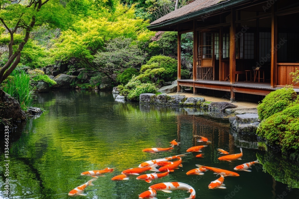 Fototapeta premium Tranquil Pond Experience in a Japanese Garden With Koi Swimming Peacefully Beneath the Surface Among Lush Greenery
