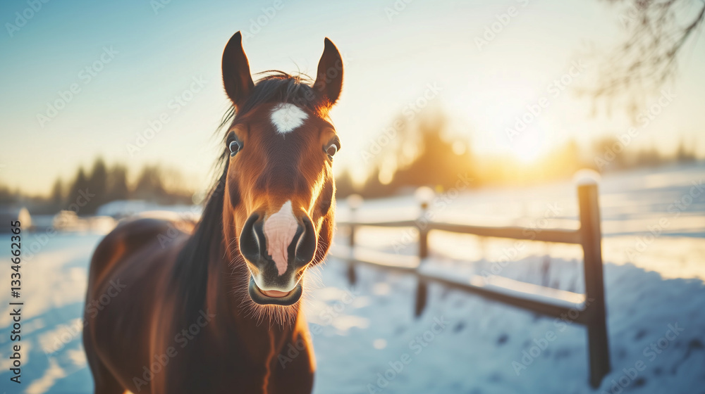 Obraz premium Goofy Horse Making a Funny Face A close-up of a horse with a hilarious open-mouthed smile, captured mid-neigh in a scenic countryside field, surrounded by a crisp winter morning.