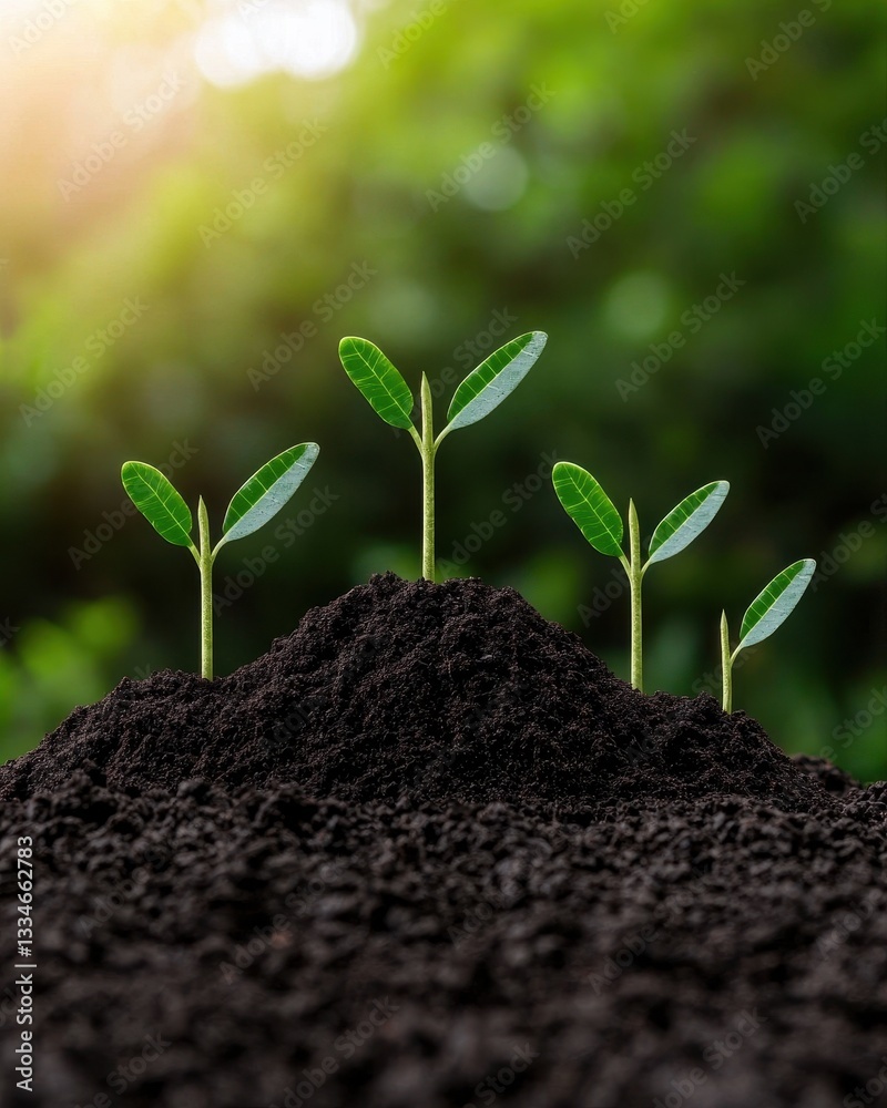 Fototapeta premium Fresh green sprouts emerging from dark, rich soil in a vibrant natural environment.