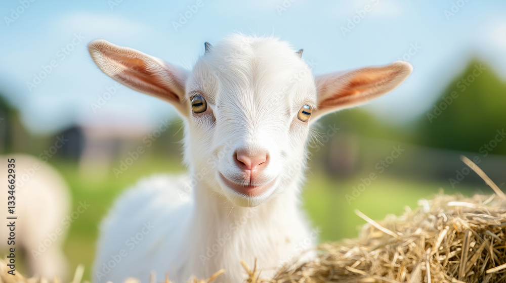 Obraz premium Baby goat, farm animals, funny goat, goat close-up, white goat, livestock, goat photography, playful goat, cute animals, countryside farm.