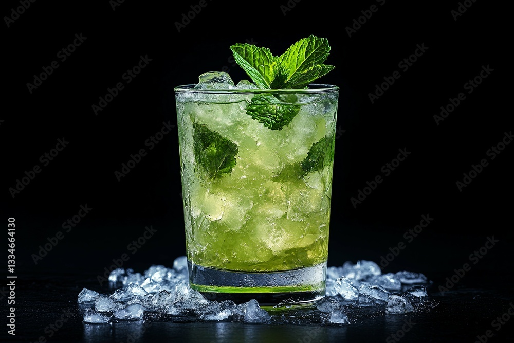 Refreshing chilled cocktail garnished with mint leaves in a glass Refreshing chilled cocktail garnished with mint leaves in a glass