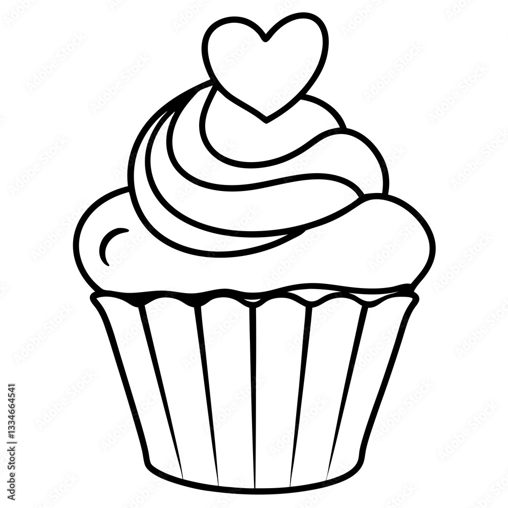 Elegant Heart-Iced Cupcake Outline Elegant Heart-Iced Cupcake Outline