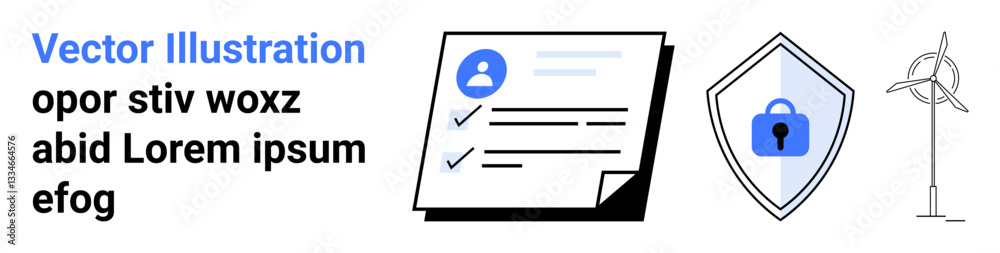 Document checklist, secure lock in shield, and wind turbine representing data protection, renewable energy, and efficient workflow. Ideal for corporate, environmental, security, and project Document checklist, secure lock in shield, and wind turbine representing data protection, renewable energy, and efficient workflow. Ideal for corporate, environmental, security, and project
