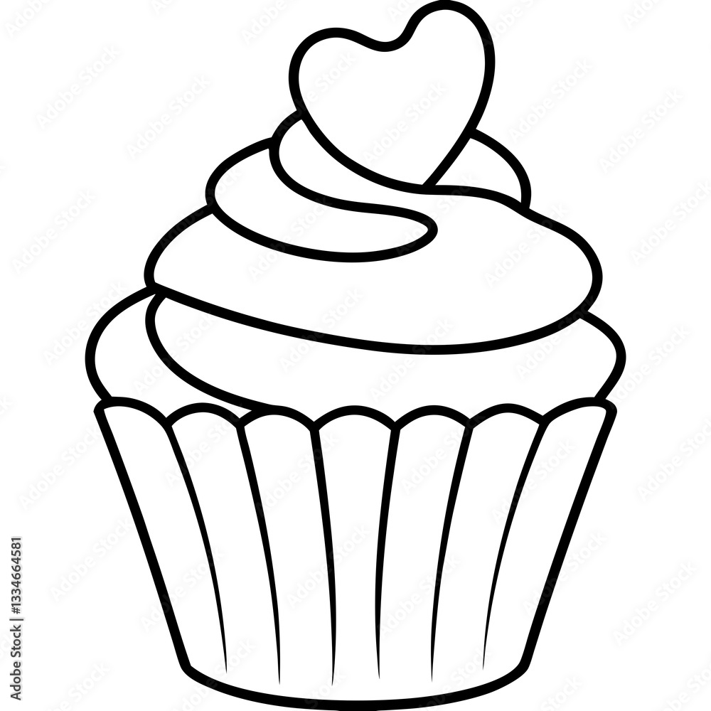 Elegant Heart-Iced Cupcake Outline Elegant Heart-Iced Cupcake Outline