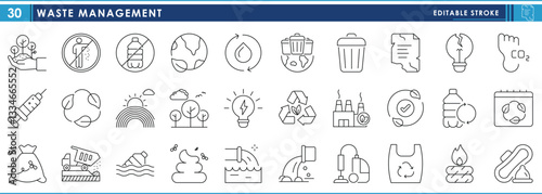 A set of line icons related to Waste management. Waste, recycle, ESG, dump, green, environment, conservation, and so on. Vector editable stroke.