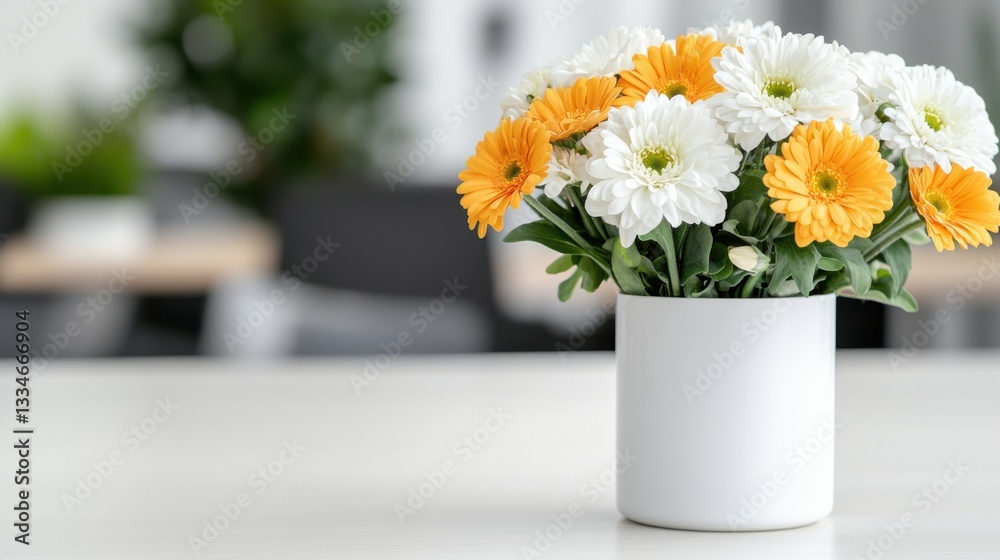 Fototapeta premium White & Orange Gerbera Daisies in Pot