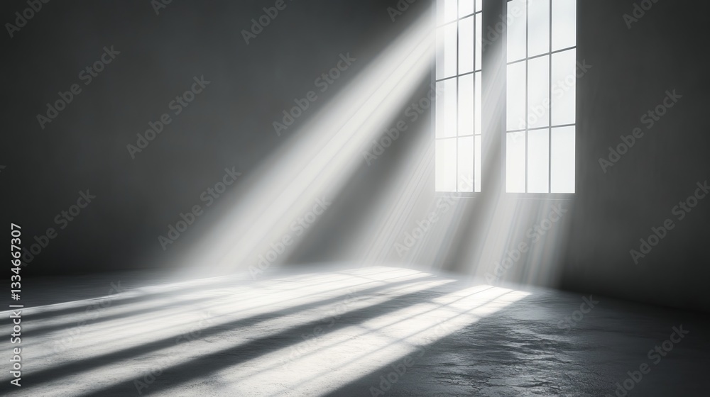 Fototapeta premium Sunlight streaming through windows illuminating a serene indoor space with shadows on the floor