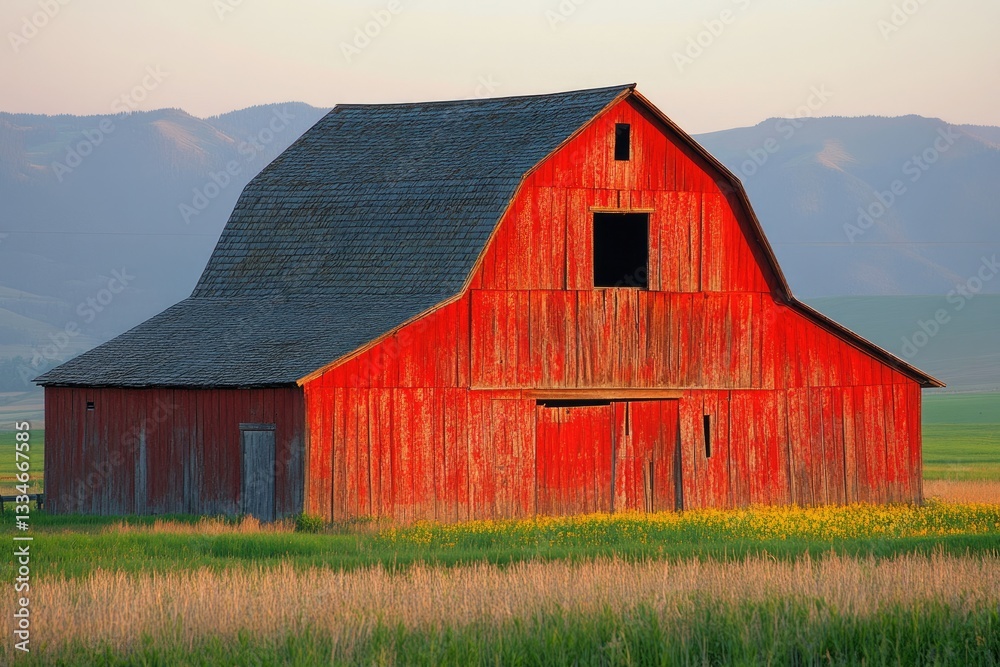 Evening Glow on Rustic Barn with Mission Mountains in Pablo, Montana: A Spring Agricultural Landscape Evening Glow on Rustic Barn with Mission Mountains in Pablo, Montana: A Spring Agricultural Landscape