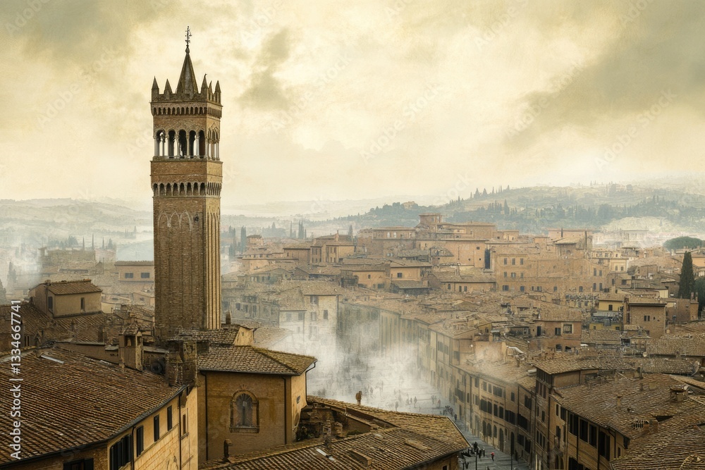 Fototapeta premium Exploring Siena: The Majestic Torre del Mangia and Piazza del Campo - A Landmark of Medieval Architecture in Tuscany, Italy