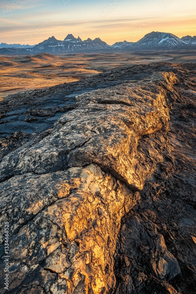 Obraz premium Majestic view of volcanic landscape at sunset with distant mountains