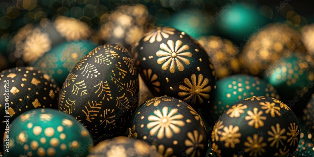 Easter day Half-patterned eggs with bold, angular gold patterns, placed over a rich emerald green-to-black gradient with a touch of metallic shine Easter day Half-patterned eggs with bold, angular gold patterns, placed over a rich emerald green-to-black gradient with a touch of metallic shine