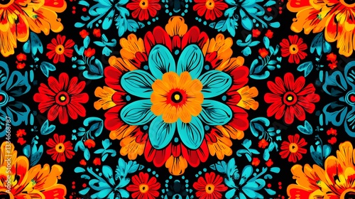 A Symmetrical Floral Pattern with Vibrant Colors on Black