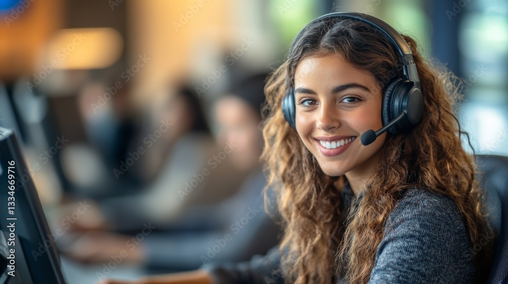 Smiling Customer Service Representative in a Busy Office Smiling Customer Service Representative in a Busy Office