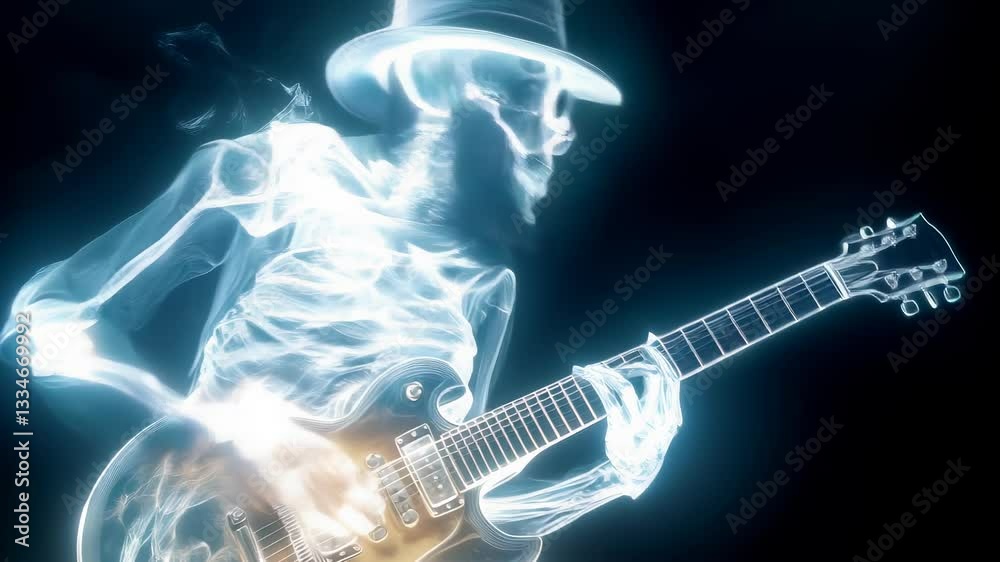 X-ray of musician skeleton plays an electric guitar. The outline captures the passion of music, merging art and sound in a captivating display of creativity and rhythm