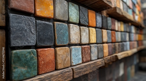 Colorful stone tiles displayed on wooden shelves in showroom