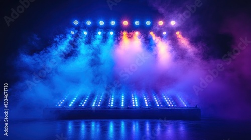 Colorful stage lights show illuminated empty stage with smoke