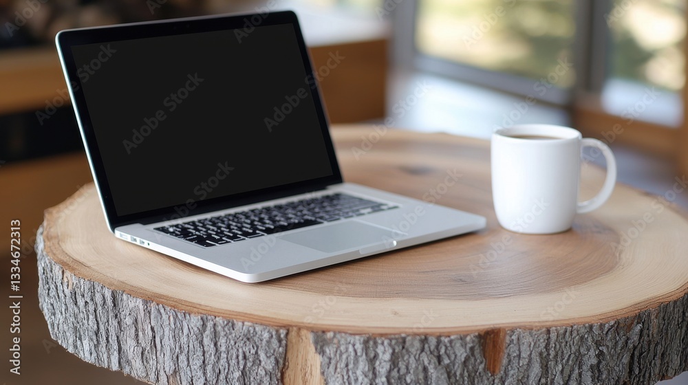 Laptop, Coffee, Wooden Table - Cozy Workspace Laptop, Coffee, Wooden Table - Cozy Workspace