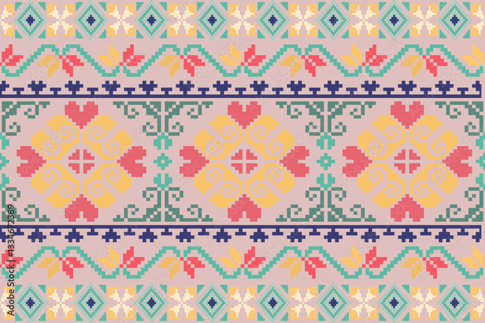 Vector seamless pixel art.Pixel mosaic texture with simple square particles.Ethnic geometric stitch pattern use for cloth,textile,wallpaper,cushion,carpet,quilt