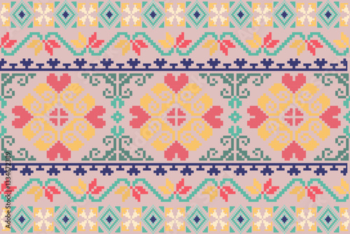 Vector seamless pixel art.Pixel mosaic texture with simple square particles.Ethnic geometric stitch pattern use for cloth,textile,wallpaper,cushion,carpet,quilt