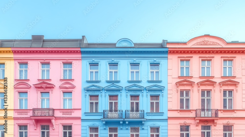 Obraz premium Colorful historic facades of buildings line the street under a clear blue sky in the city
