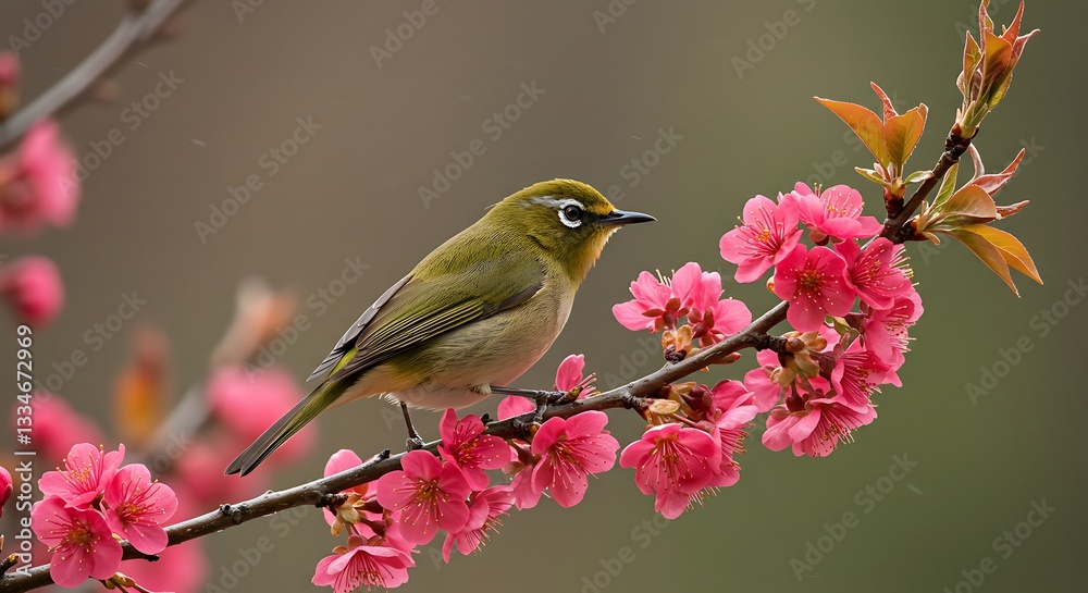 Japanese white-eye bird perched on a flowering branch, showcasing the beauty of nature, perfect for nature and bird photography enthusiasts and springtime-themed projects Japanese white-eye bird perched on a flowering branch, showcasing the beauty of nature, perfect for nature and bird photography enthusiasts and springtime-themed projects