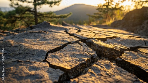 Vulcano rock landscape showcasing cracked terrain and sunset glow