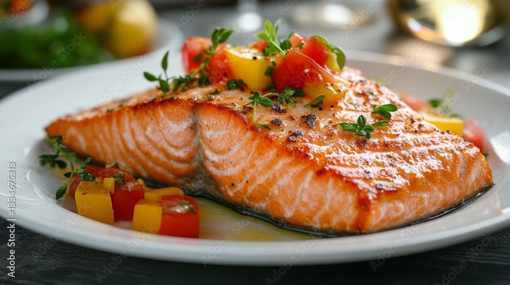 Grilled salmon fillet served with fresh vegetables and herbs in an elegant dining setting Grilled salmon fillet served with fresh vegetables and herbs in an elegant dining setting