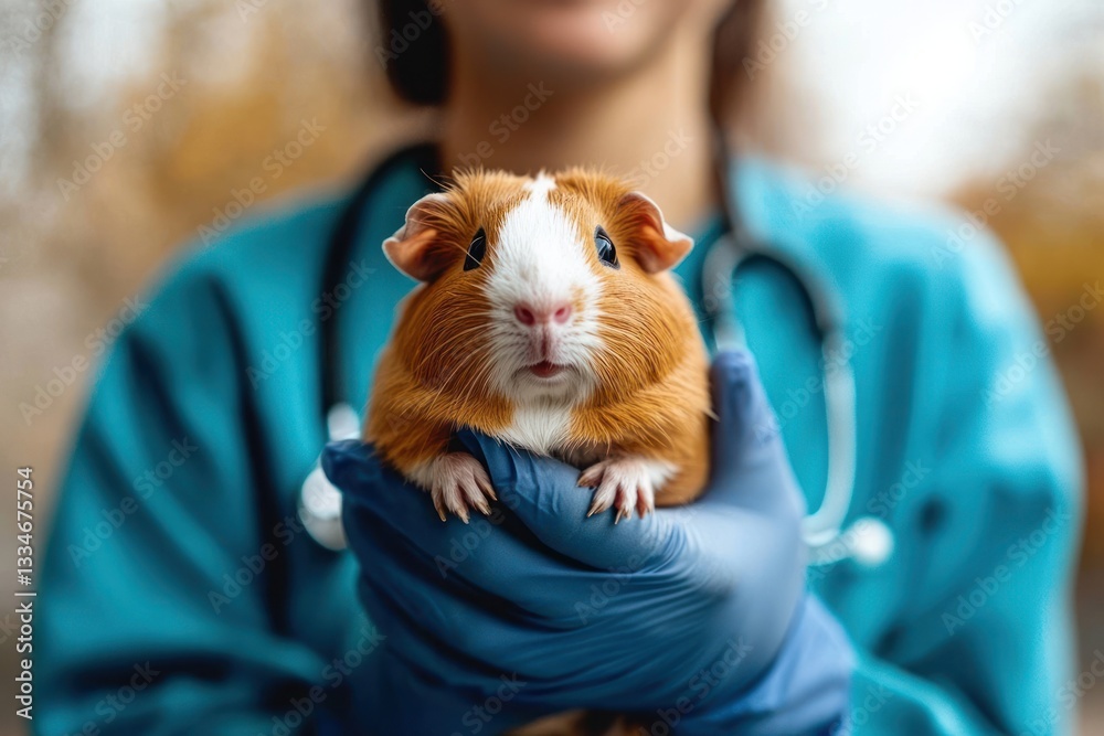 Veterinarian Holding Guinea Pig in Clinic with Soft Natural Lighting and Bokeh Background Veterinarian Holding Guinea Pig in Clinic with Soft Natural Lighting and Bokeh Background