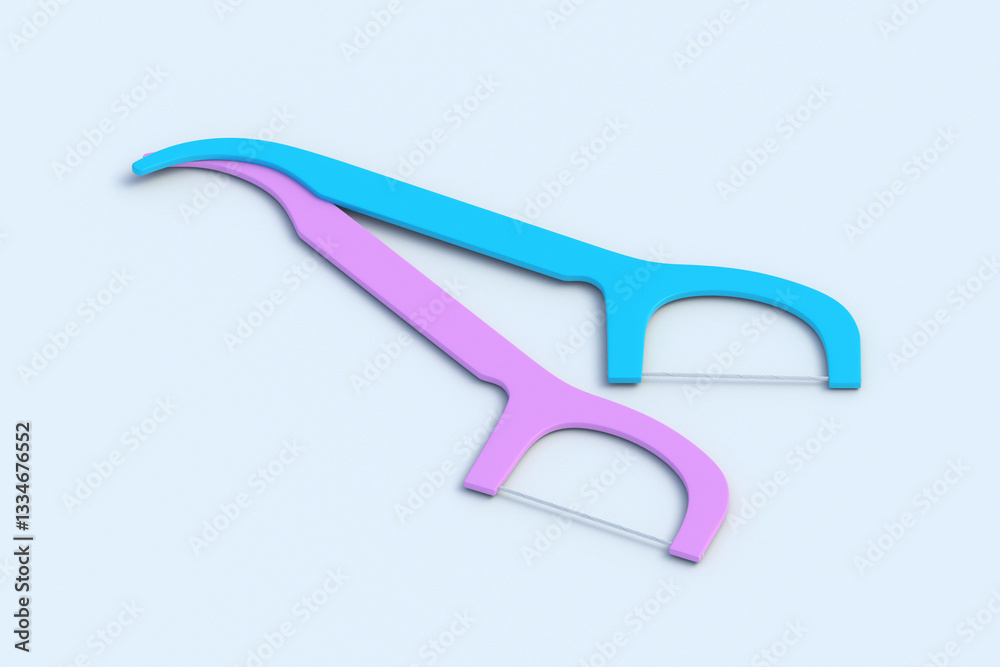 Two colorful toothpicks on light gray background. Dental floss stick. Interdental cleaner. Daily prevention hygiene. 3d render Two colorful toothpicks on light gray background. Dental floss stick. Interdental cleaner. Daily prevention hygiene. 3d render