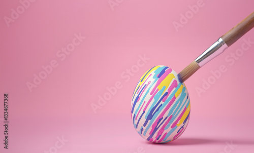 Close Up of brush painting easter egg in front of pink background (Copy space).