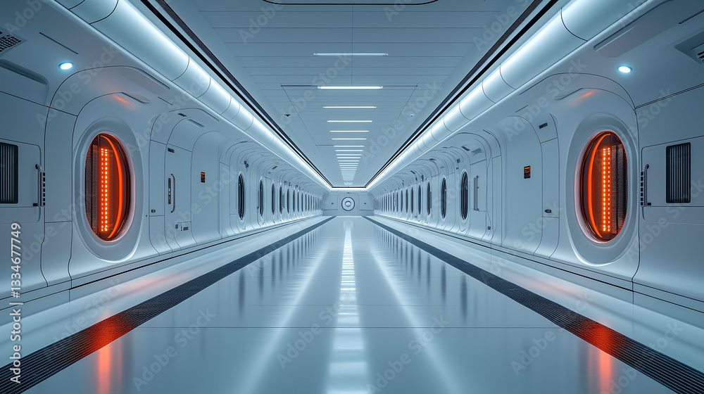 Obraz premium Futuristic Spaceship Corridor Long Bright Clean Sci Fi Interior Design