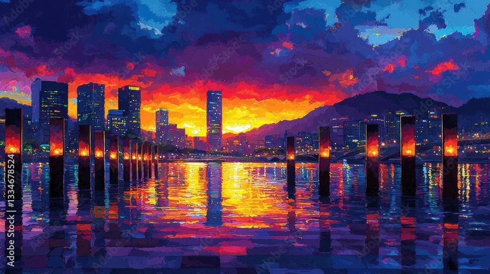 Fototapeta premium Vibrant Sunset over City Skyline and Reflections on Water in a Colorful Landscape